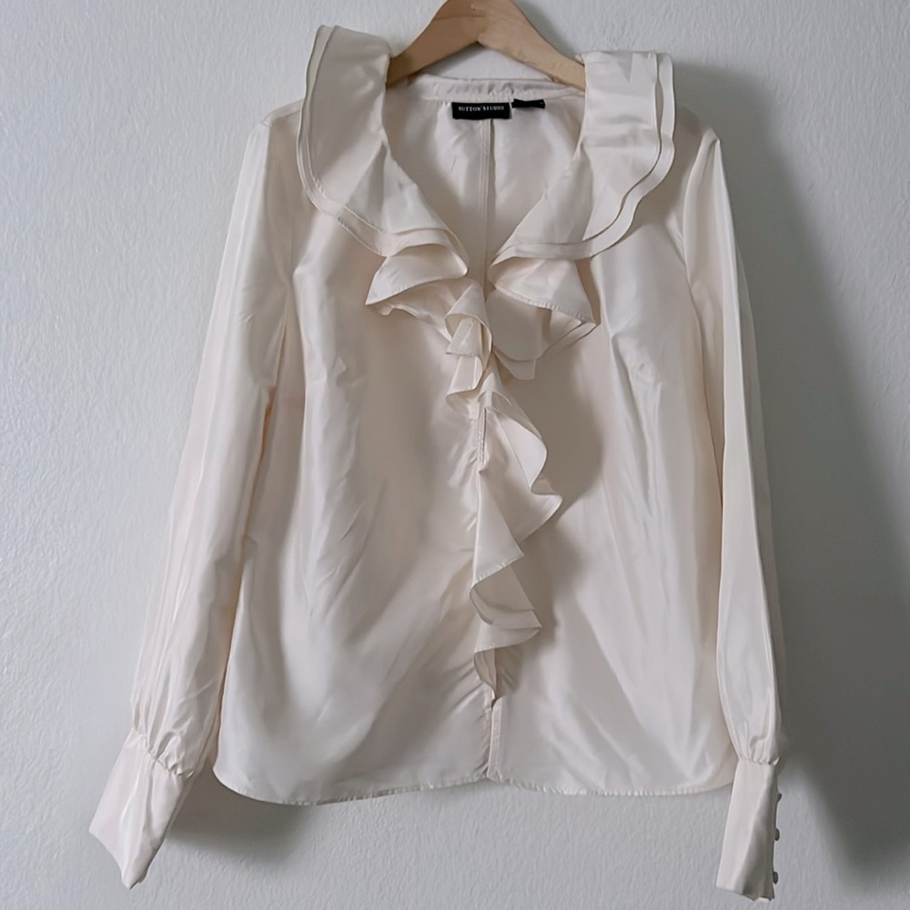 Sutton Studio Ruffled Silk Long Sleeve Top Size 14